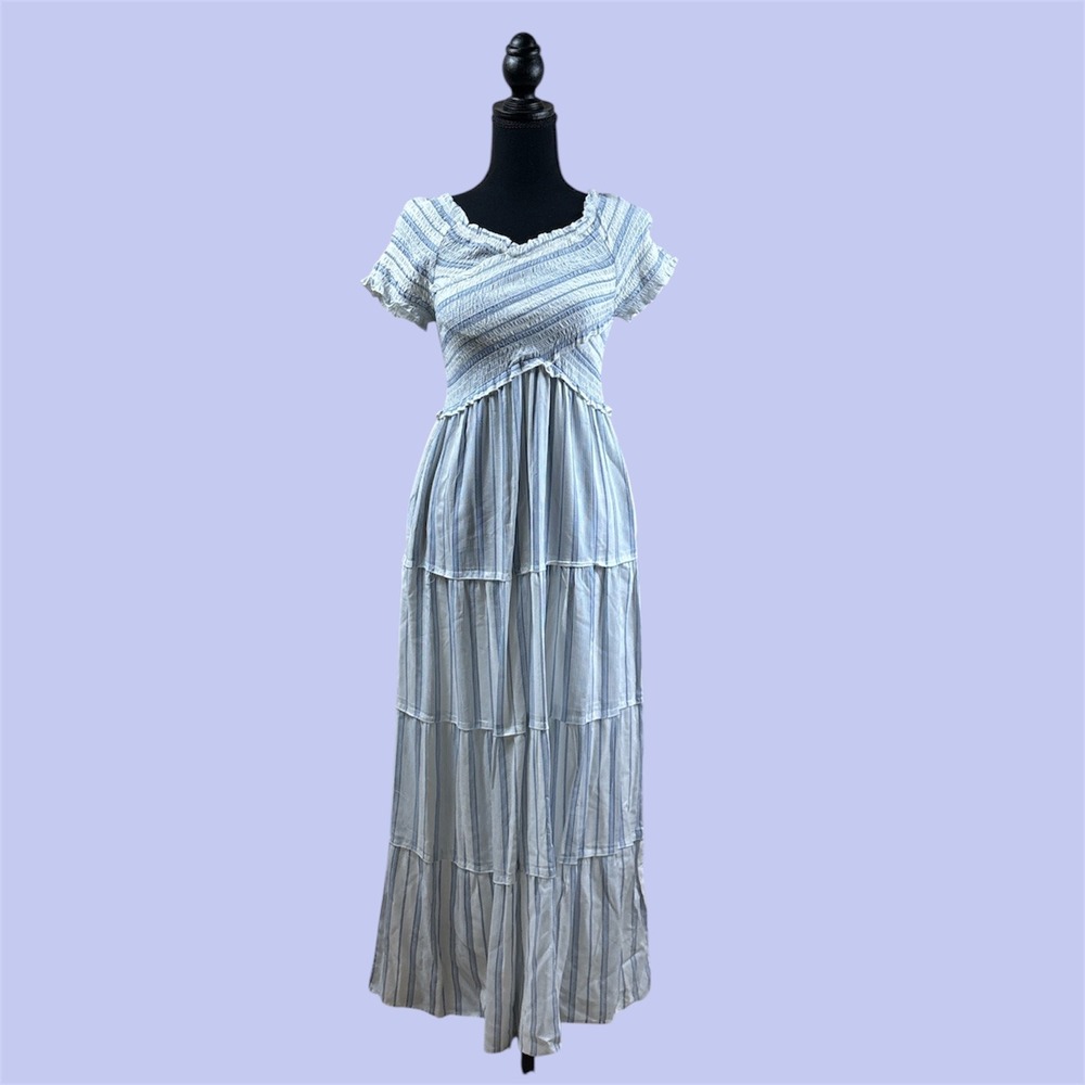 Jessica Simpson Striped Smocked Tiered Maxi Dress Blue White Women's Size‎ Small